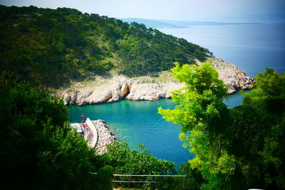 High angle view of sea and trees against sky