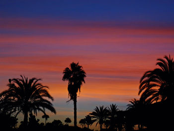 Silhouette palm trees against romantic sky at sunset