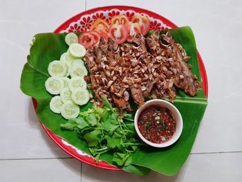 High angle view of breakfast served on table