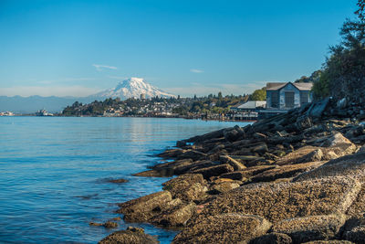 Scenic view of sea against blue sky