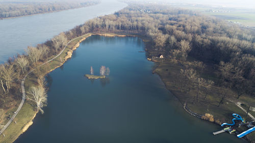 High angle view of lake against sky