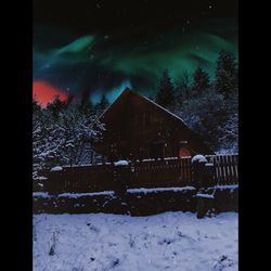 Snow covered houses and trees against sky at night