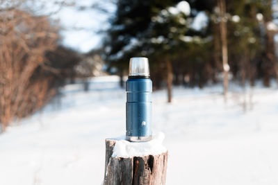 Camping blue thermos standing on a tree stump in a winter sunny forest. travel, camping concept
