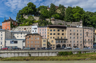 Houses by river against buildings in city