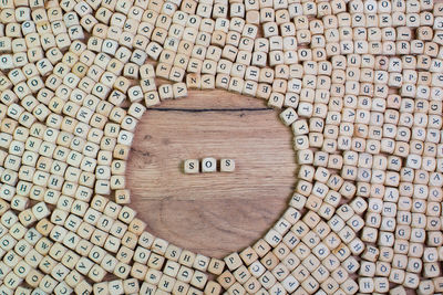 High angle view of toy blocks on wooden table