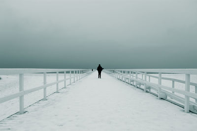 Rear view of man standing on snow covered bridge