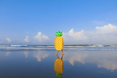 Woman with pineapple float walking at beach