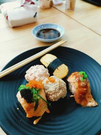 High angle view of sushi in plate on table