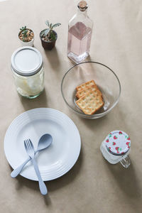 High angle view of breakfast on table