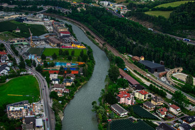 Top view of a river that passes through the city in trentino