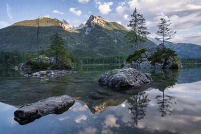 Scenic view of lake and mountains against sky