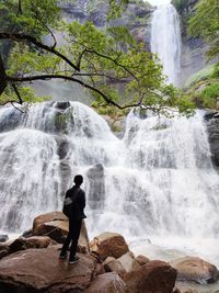 Rear view of man standing against waterfall