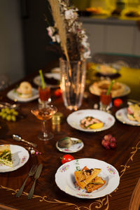 High angle view of food served on table