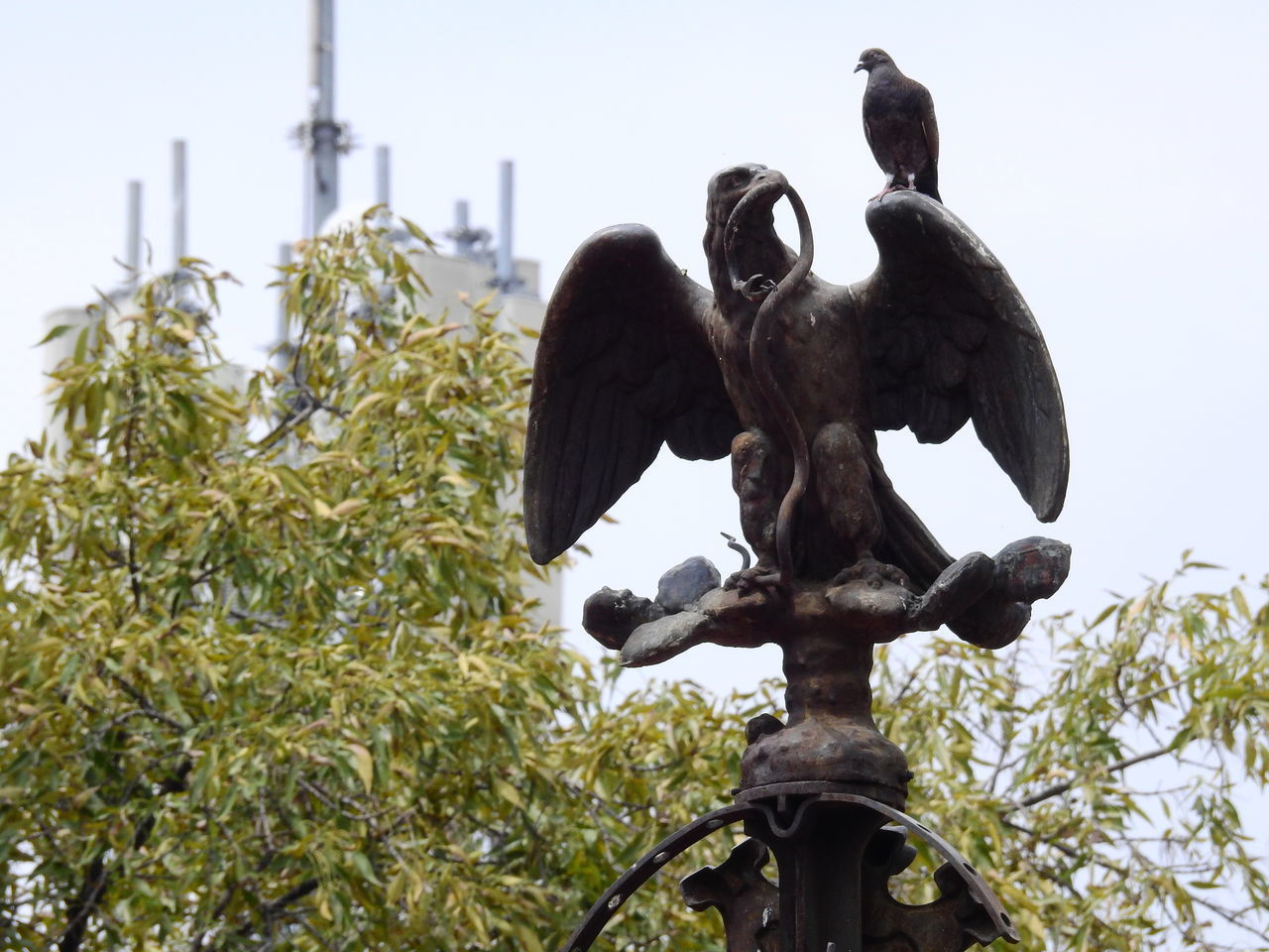 LOW ANGLE VIEW OF BIRD PERCHING ON SCULPTURE