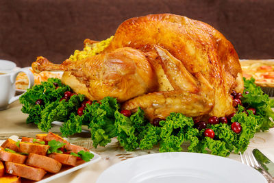 Close-up of meal served on table