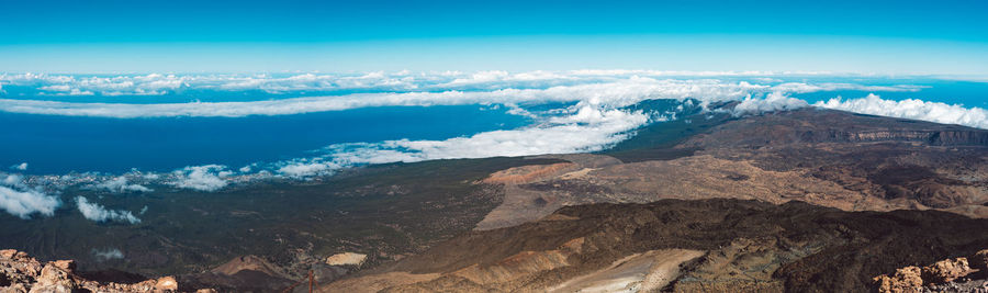 Panoramic view of mountains against blue sky