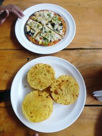 High angle view of food served on table