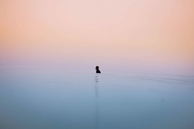 Mid distance of man swimming in sea against clear sky at dusk