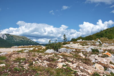Rocky landscape of velebit mountain ridge with sky and clouds in background, croatia