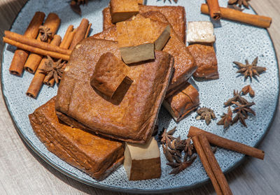 High angle view of various food on table