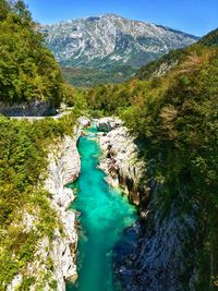 High angle view of river flowing amidst mountains on sunny day