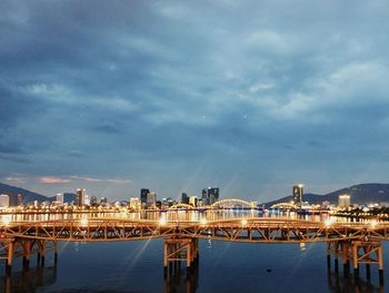 Bridge over river with city in background