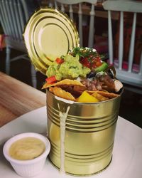 High angle view of drink in glass on table