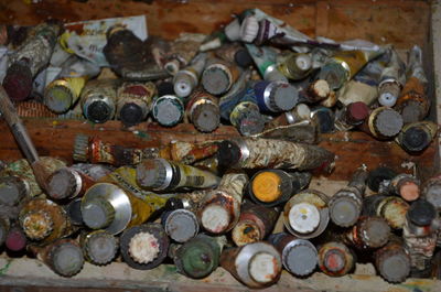 High angle view of shells in container