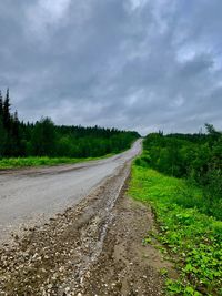 Dirt road amidst landscape against sky