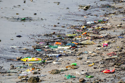 High angle view of garbage on beach