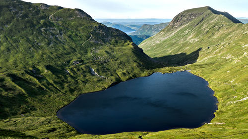 Scenic view of lake and mountains against sky