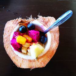 Directly above shot of fruits in plate on table