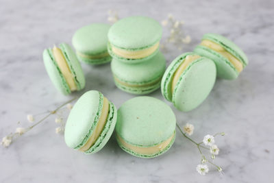 High angle view of macarons fruits on table