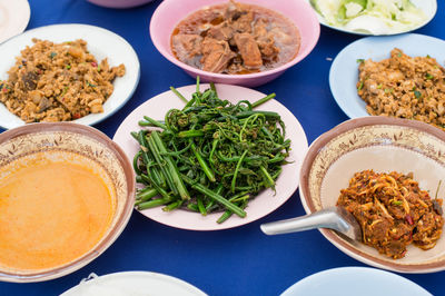 High angle view of food served on table