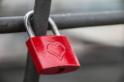 Close-up of padlocks on railing