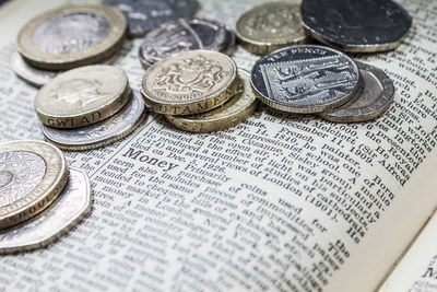 Close-up of coins on book