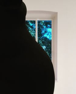 Silhouette person by window at home