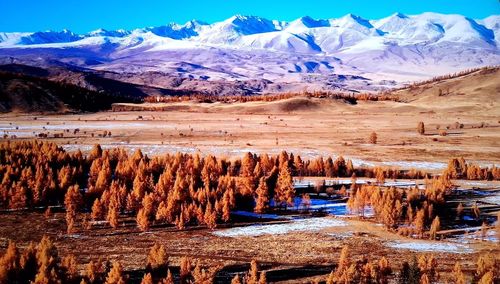 Scenic view of snowcapped mountains against sky