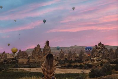 View of hot air balloon against cloudy sky