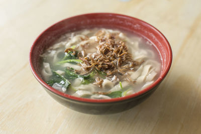 High angle view of soup in bowl on table