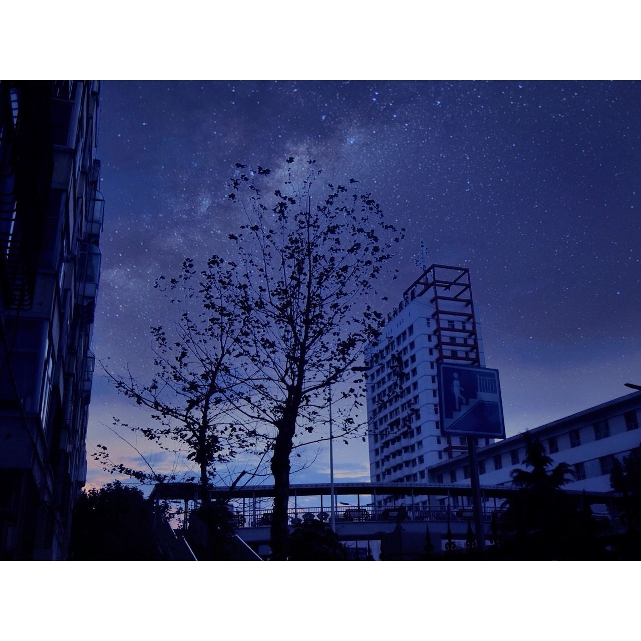 building exterior, transfer print, architecture, built structure, auto post production filter, city, low angle view, sky, building, clear sky, residential building, residential structure, silhouette, window, outdoors, no people, night, blue, dusk, skyscraper