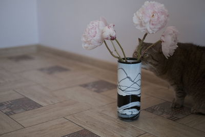 Close-up of flower vase on table at home