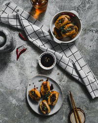 High angle view of food served on table