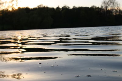 Close-up of lake against sky at sunset