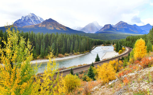 Scenic view of river and mountains against sky