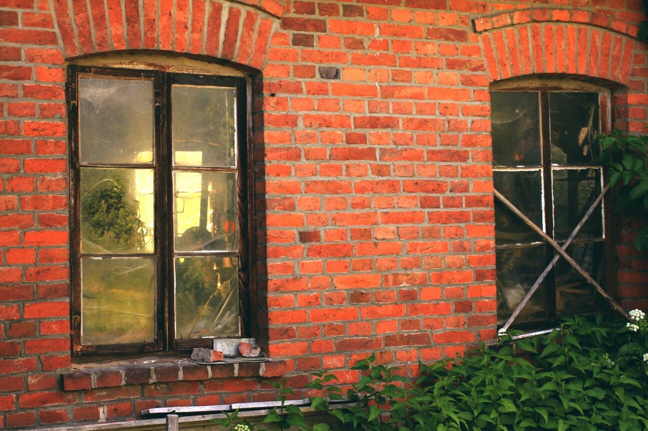 building exterior, built structure, architecture, window, house, brick wall, red, closed, door, plant, old, residential structure, weathered, glass - material, day, outdoors, no people, wall - building feature, abandoned, growth