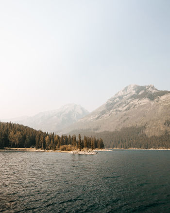 Scenic view of lake by mountains against clear sky