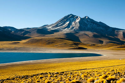 Scenic view of mountains against clear blue sky