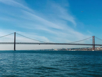 Low angle view of suspension bridge against blue sky