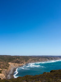 Scenic view of sea against clear blue sky